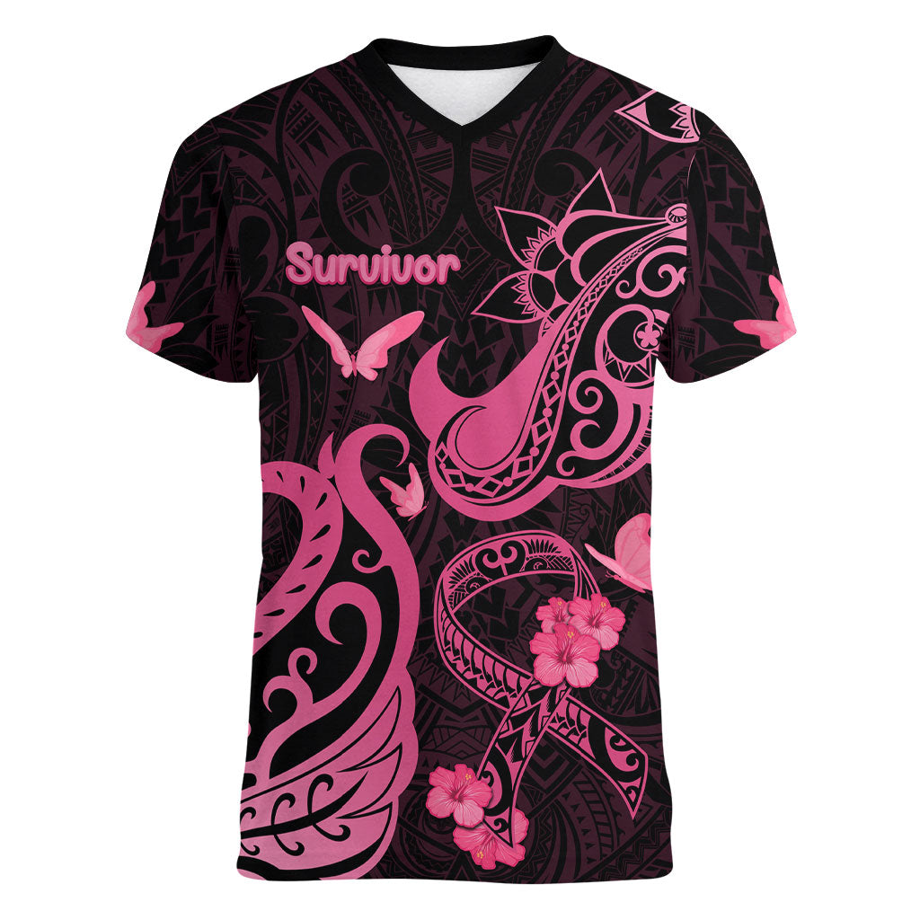 Breast Cancer Women V-Neck T-Shirt Ribbon Polynesian Pattern Black Version
