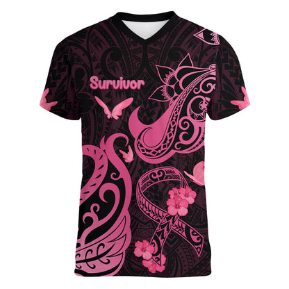 Breast Cancer Women V-Neck T-Shirt Ribbon Polynesian Pattern Black Version