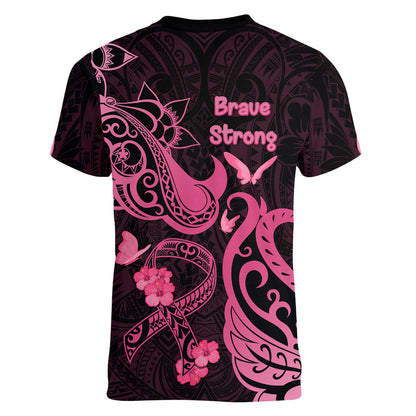 Breast Cancer Women V-Neck T-Shirt Ribbon Polynesian Pattern Black Version