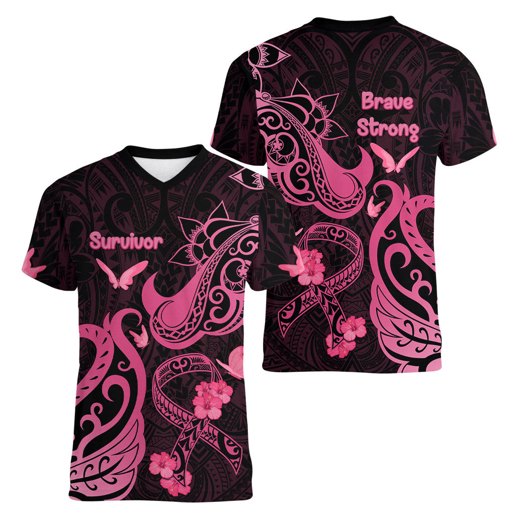 Breast Cancer Women V-Neck T-Shirt Ribbon Polynesian Pattern Black Version