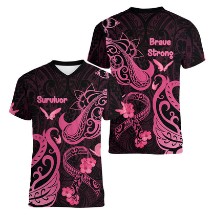 Breast Cancer Women V-Neck T-Shirt Ribbon Polynesian Pattern Black Version