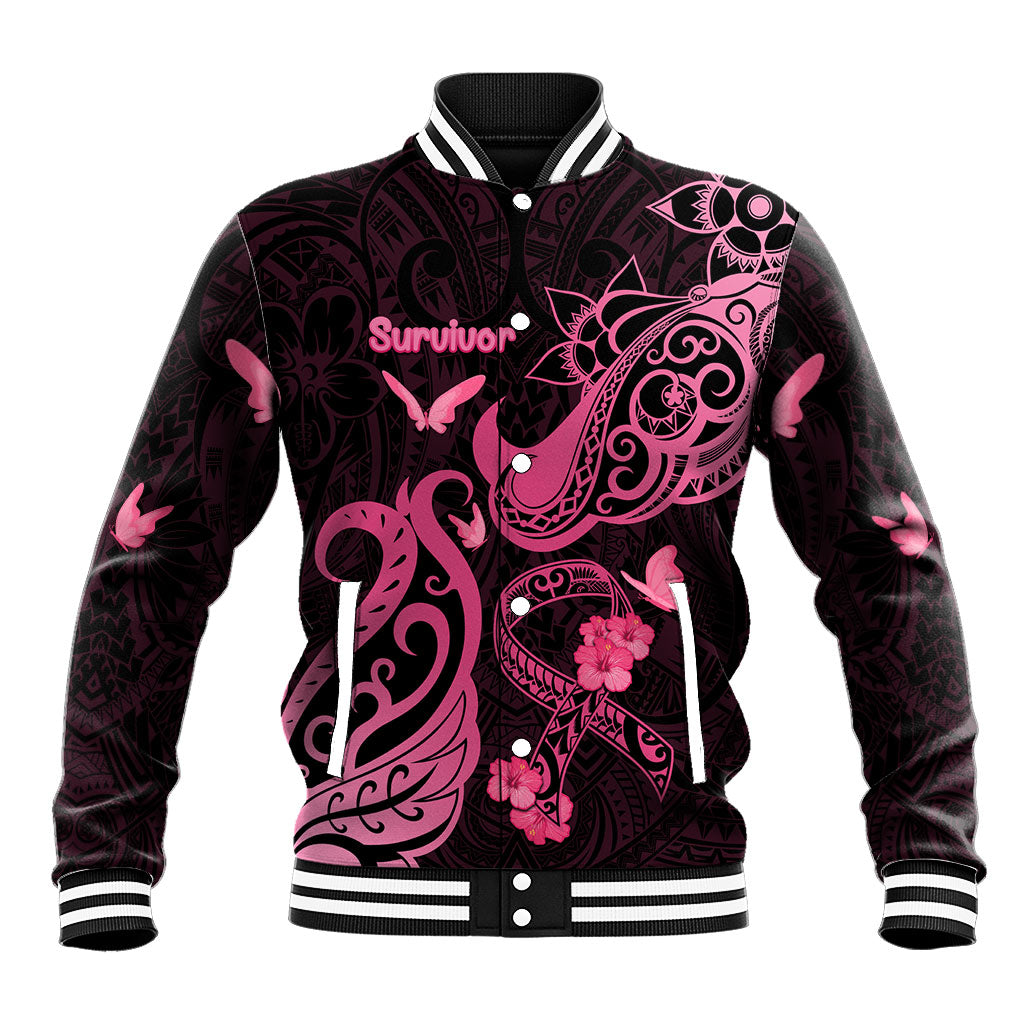 Personalized Breast Cancer Baseball Jacket Ribbon Polynesian Pattern Black Version