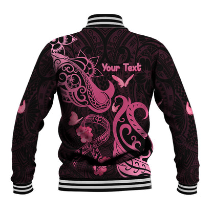 Personalized Breast Cancer Baseball Jacket Ribbon Polynesian Pattern Black Version