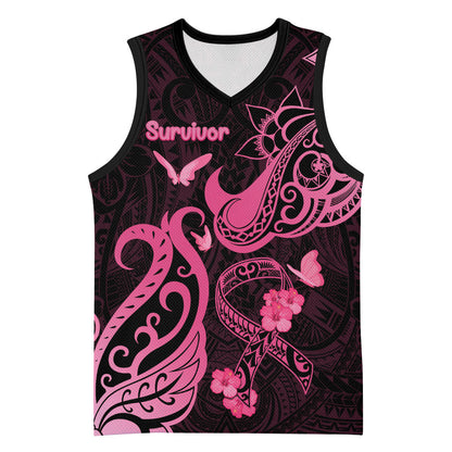 Personalized Breast Cancer Basketball Jersey Ribbon Polynesian Pattern Black Version