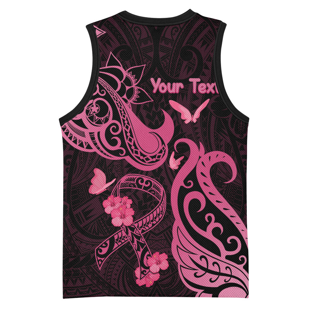 Personalized Breast Cancer Basketball Jersey Ribbon Polynesian Pattern Black Version