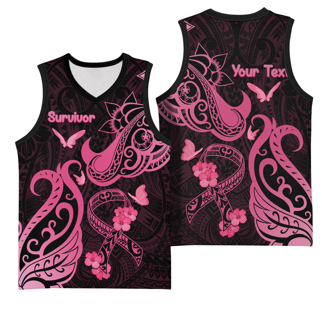 Personalized Breast Cancer Basketball Jersey Ribbon Polynesian Pattern Black Version
