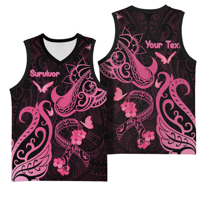 Personalized Breast Cancer Basketball Jersey Ribbon Polynesian Pattern Black Version