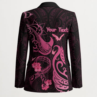 Personalized Breast Cancer Blazer Ribbon Polynesian Pattern Black Version