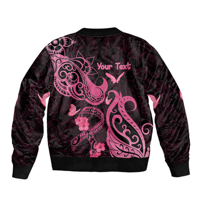 Personalized Breast Cancer Bomber Jacket Ribbon Polynesian Pattern Black Version