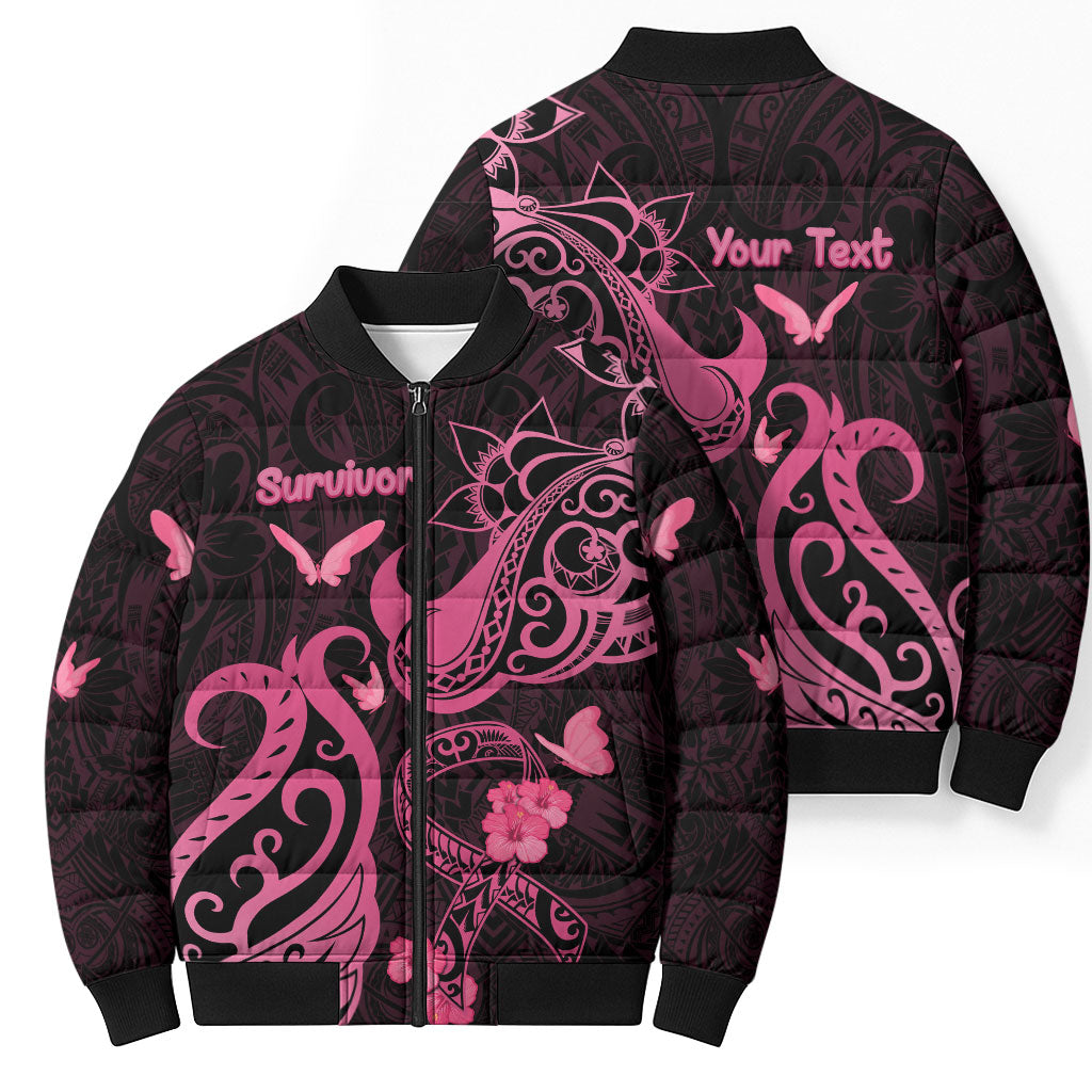 Personalized Breast Cancer Bomber Puffer Jacket Ribbon Polynesian Pattern Black Version