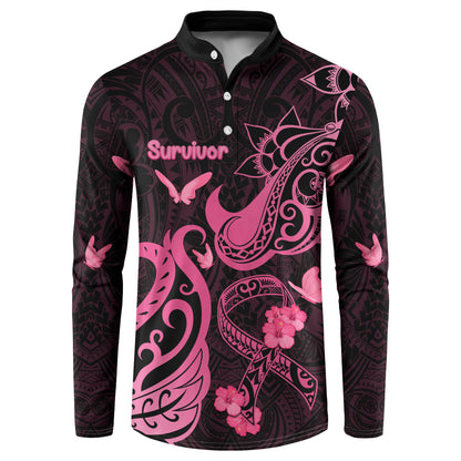 Personalized Breast Cancer Button Sweatshirt Ribbon Polynesian Pattern Black Version