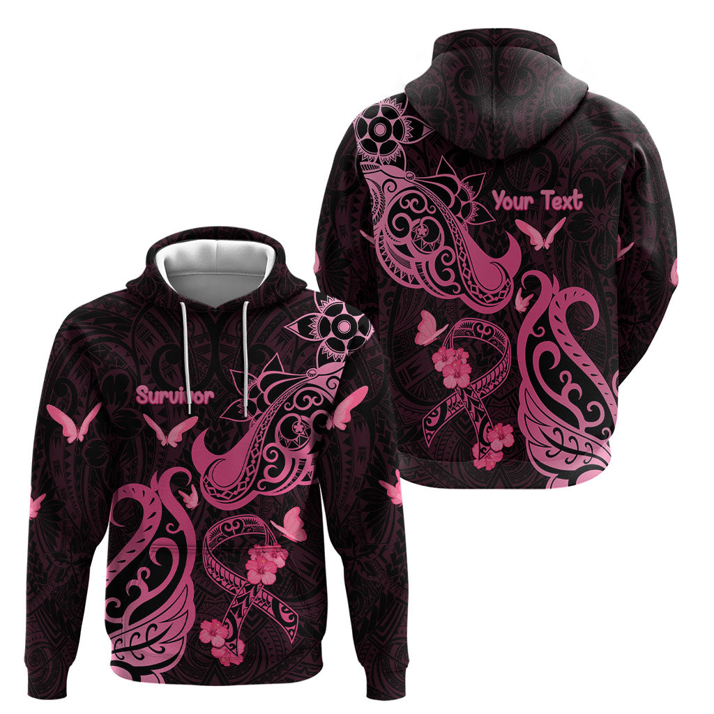 Personalized Breast Cancer Hoodie Ribbon Polynesian Pattern Black Version