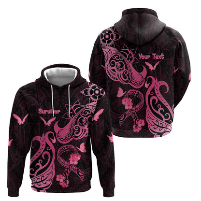 Personalized Breast Cancer Hoodie Ribbon Polynesian Pattern Black Version