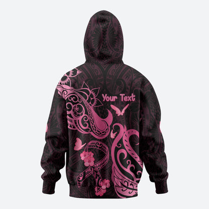 Personalized Breast Cancer Hoodie Ribbon Polynesian Pattern Black Version