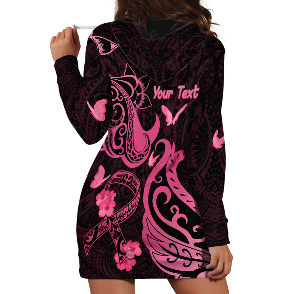 Personalized Breast Cancer Hoodie Dress Ribbon Polynesian Pattern Black Version