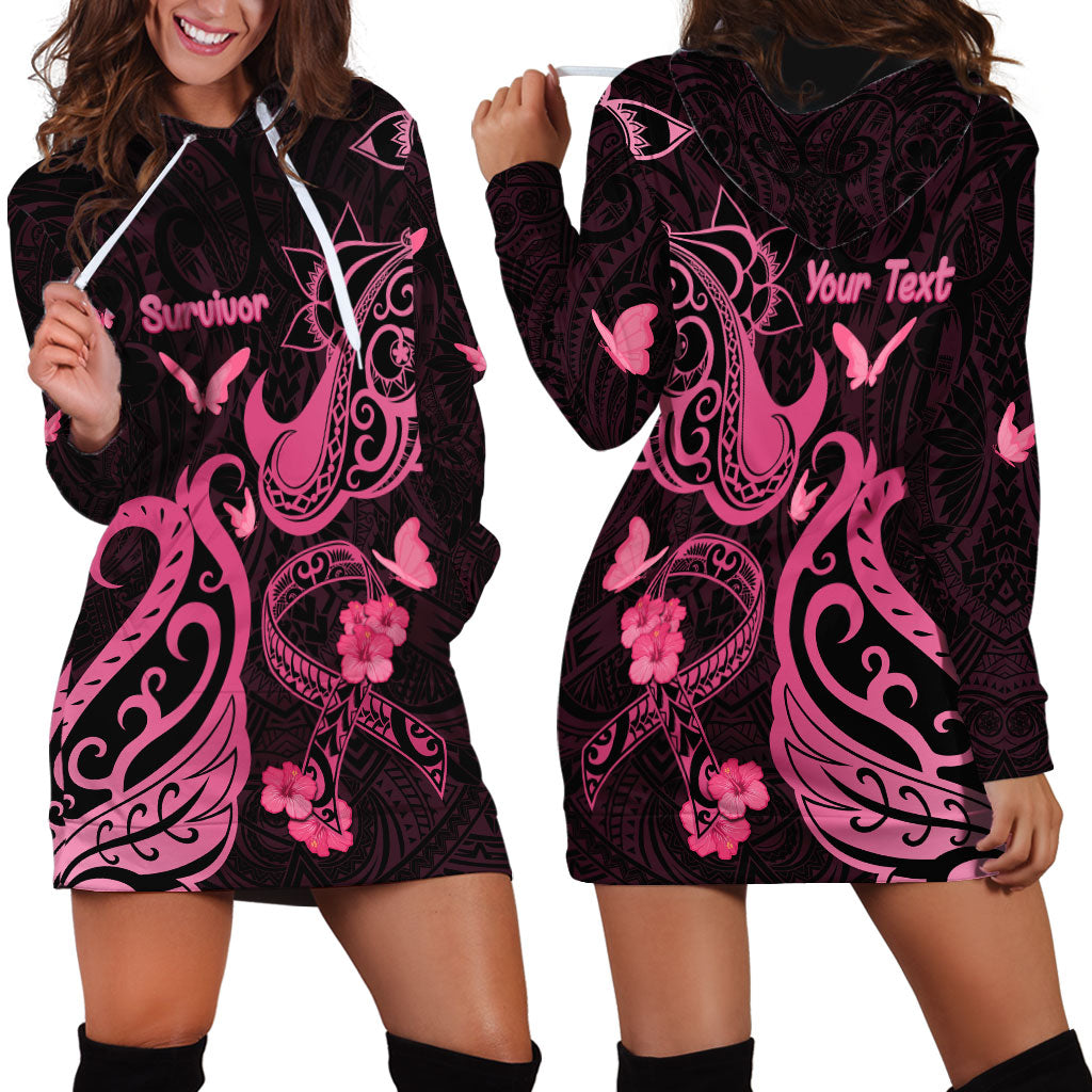 Personalized Breast Cancer Hoodie Dress Ribbon Polynesian Pattern Black Version