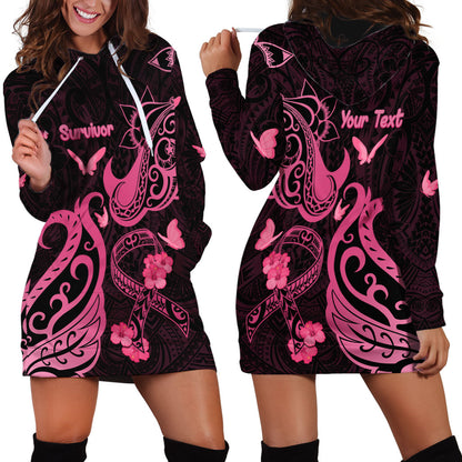Personalized Breast Cancer Hoodie Dress Ribbon Polynesian Pattern Black Version
