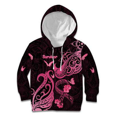 Personalized Breast Cancer Kid Hoodie Ribbon Polynesian Pattern Black Version