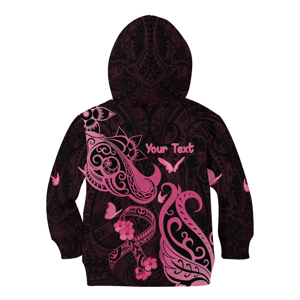 Personalized Breast Cancer Kid Hoodie Ribbon Polynesian Pattern Black Version