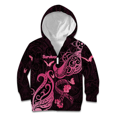 Personalized Breast Cancer Kid Hoodie Ribbon Polynesian Pattern Black Version