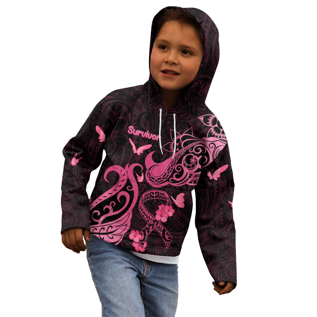 Personalized Breast Cancer Kid Hoodie Ribbon Polynesian Pattern Black Version