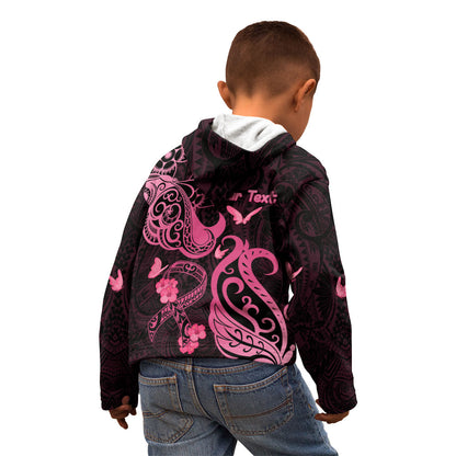 Personalized Breast Cancer Kid Hoodie Ribbon Polynesian Pattern Black Version
