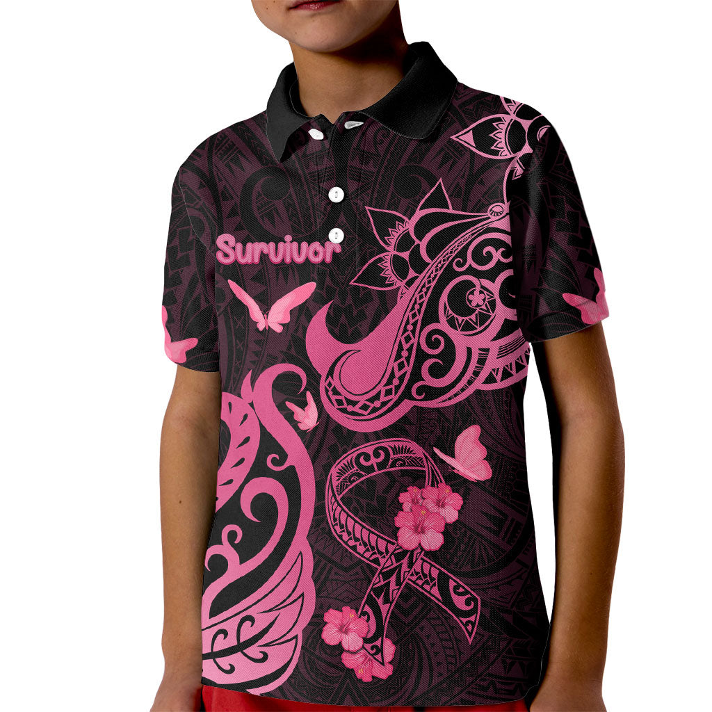 Personalized Breast Cancer Kid Polo Shirt Ribbon Polynesian Pattern Black Version