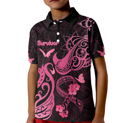 Personalized Breast Cancer Kid Polo Shirt Ribbon Polynesian Pattern Black Version