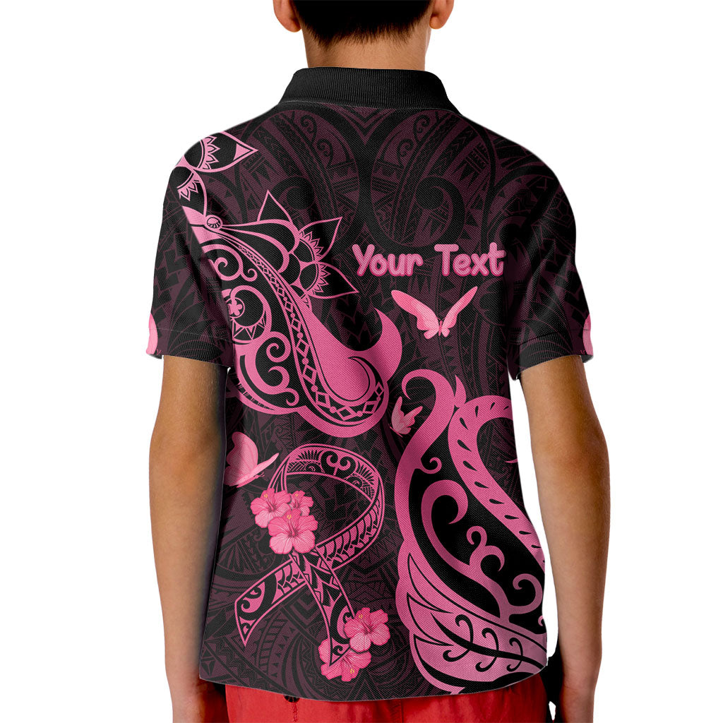 Personalized Breast Cancer Kid Polo Shirt Ribbon Polynesian Pattern Black Version