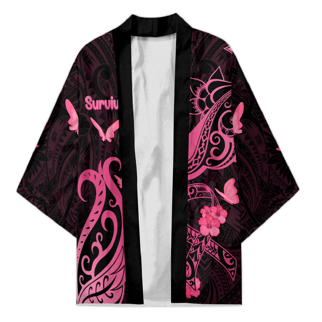 Personalized Breast Cancer Kimono Ribbon Polynesian Pattern Black Version