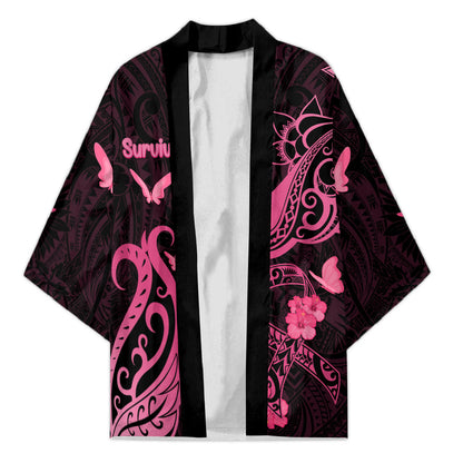 Personalized Breast Cancer Kimono Ribbon Polynesian Pattern Black Version