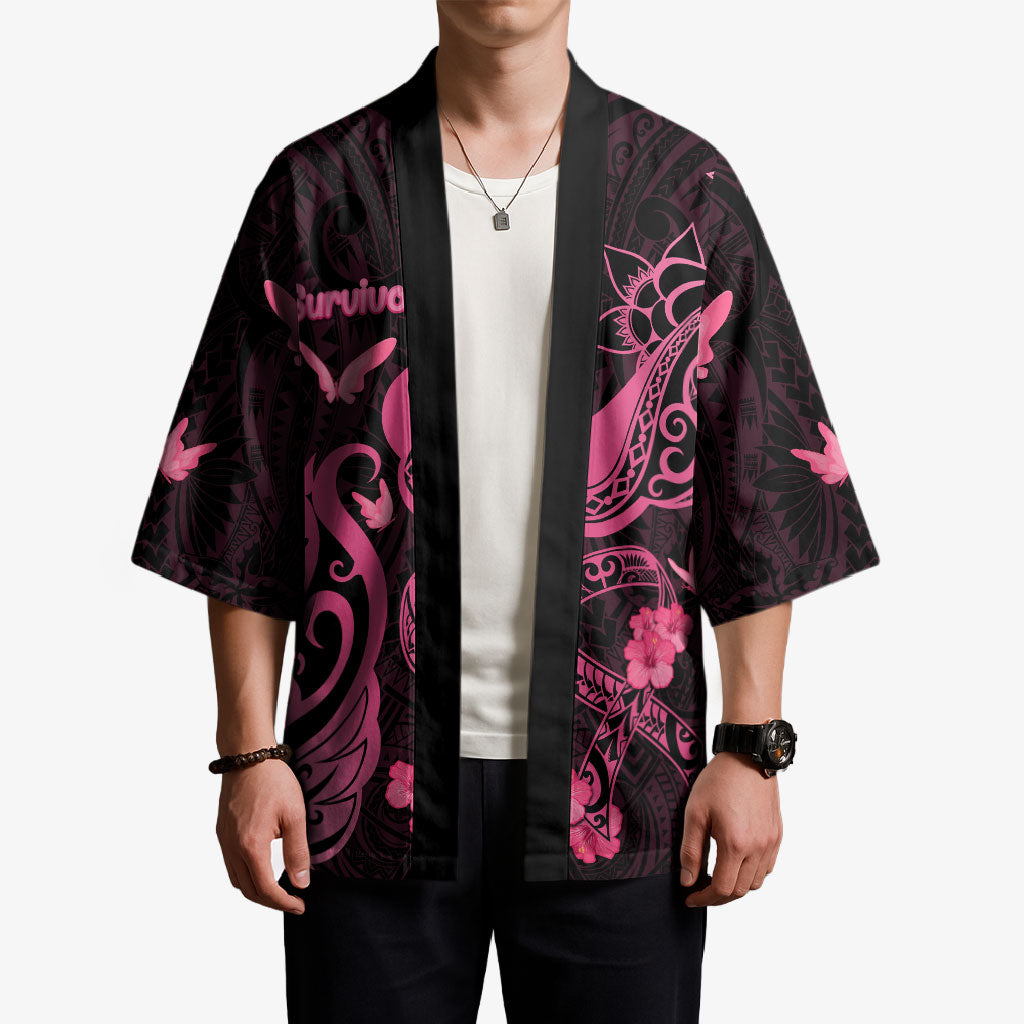 Personalized Breast Cancer Kimono Ribbon Polynesian Pattern Black Version