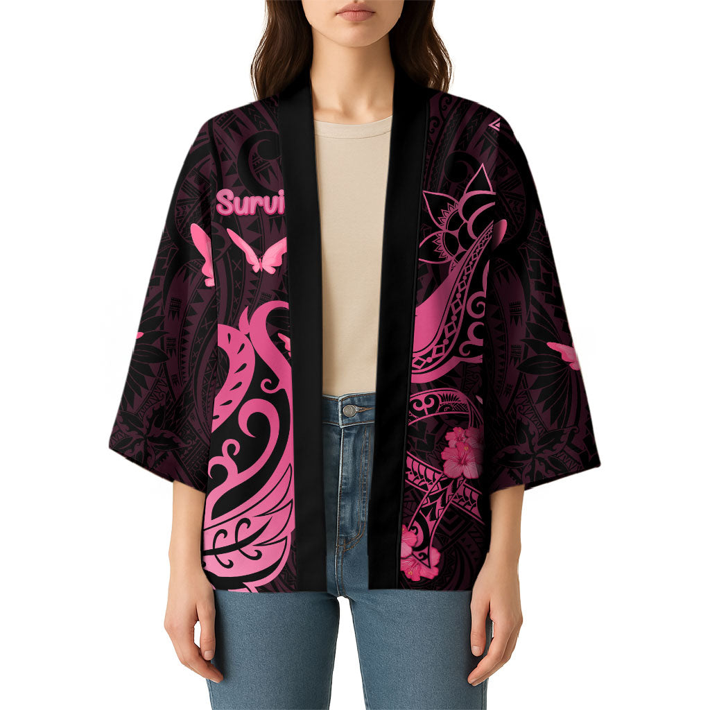 Personalized Breast Cancer Kimono Ribbon Polynesian Pattern Black Version