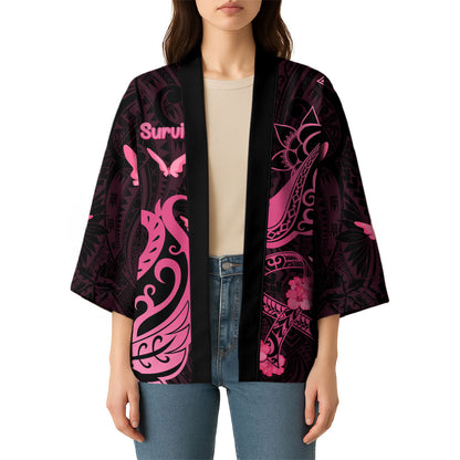 Personalized Breast Cancer Kimono Ribbon Polynesian Pattern Black Version