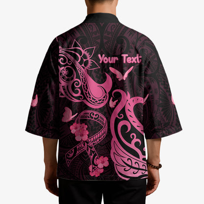 Personalized Breast Cancer Kimono Ribbon Polynesian Pattern Black Version