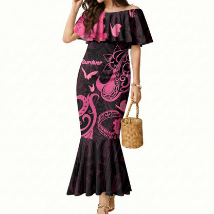 Personalized Breast Cancer Mermaid Dress Ribbon Polynesian Pattern Black Version