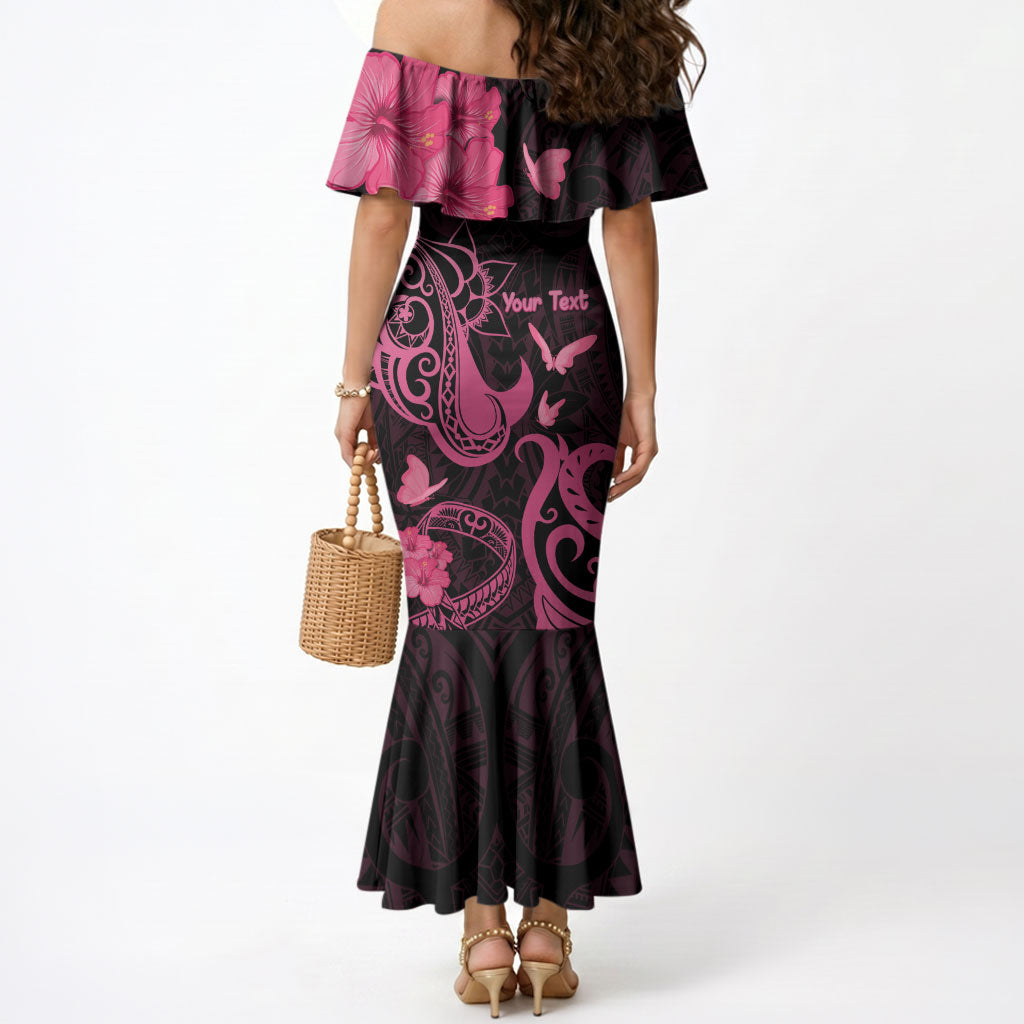 Personalized Breast Cancer Mermaid Dress Ribbon Polynesian Pattern Black Version