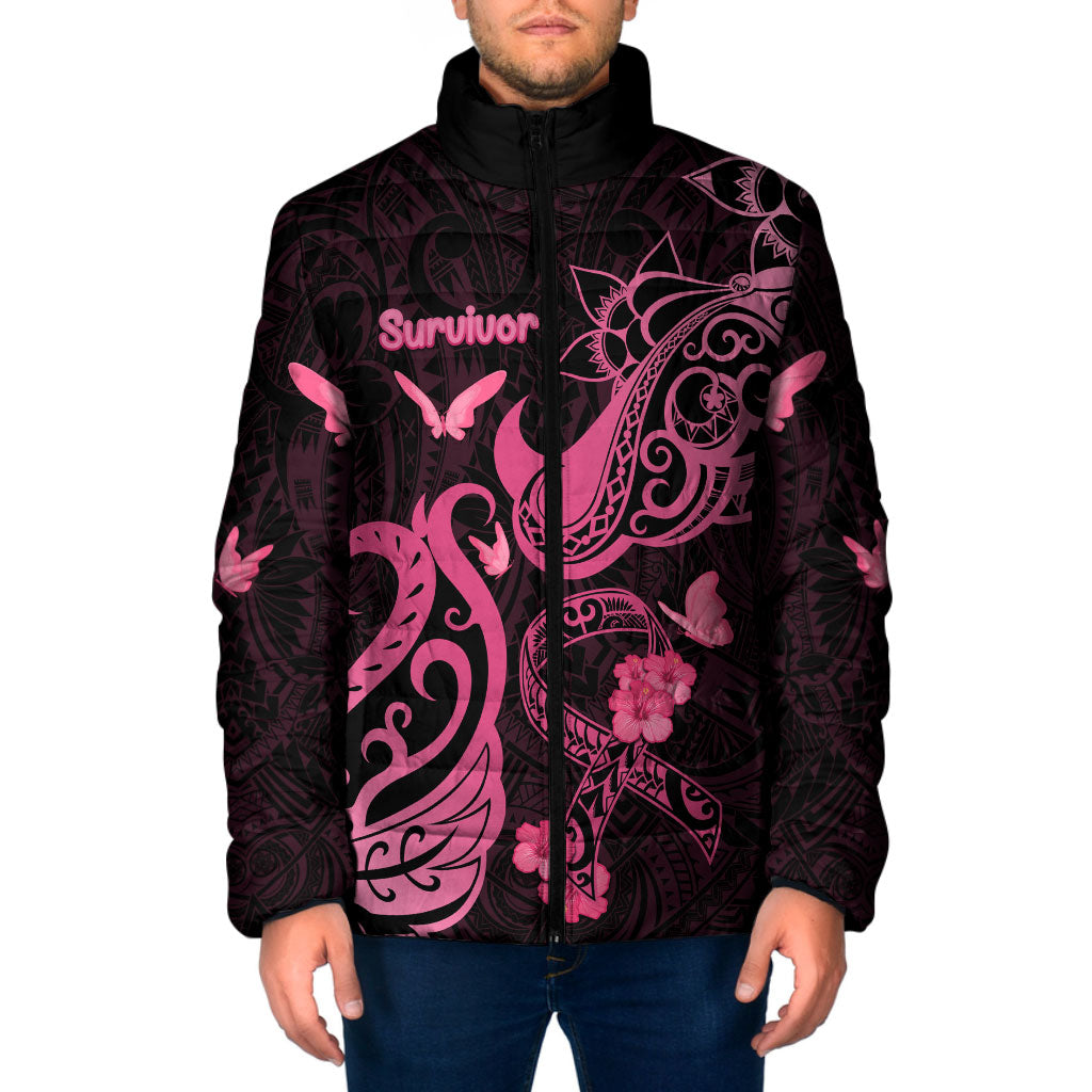 Personalized Breast Cancer Padded Jacket Ribbon Polynesian Pattern Black Version