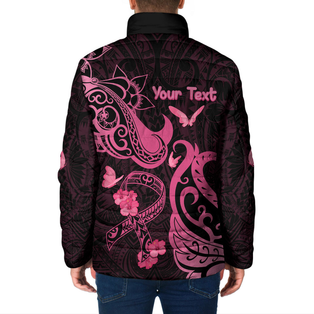 Personalized Breast Cancer Padded Jacket Ribbon Polynesian Pattern Black Version