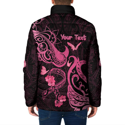 Personalized Breast Cancer Padded Jacket Ribbon Polynesian Pattern Black Version