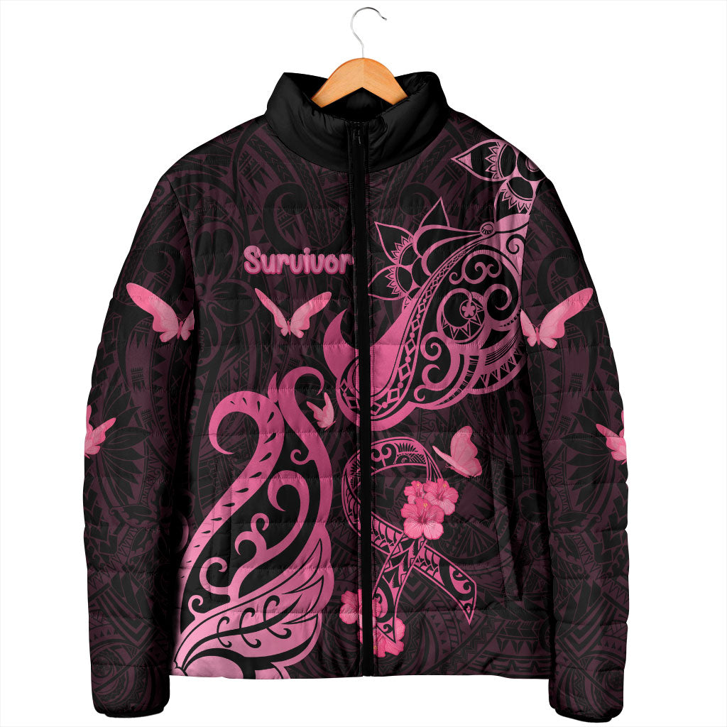Personalized Breast Cancer Padded Jacket Ribbon Polynesian Pattern Black Version