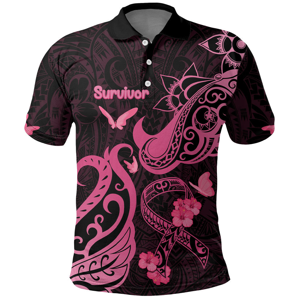 Personalized Breast Cancer Polo Shirt Ribbon Polynesian Pattern Black Version