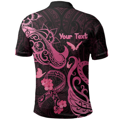 Personalized Breast Cancer Polo Shirt Ribbon Polynesian Pattern Black Version