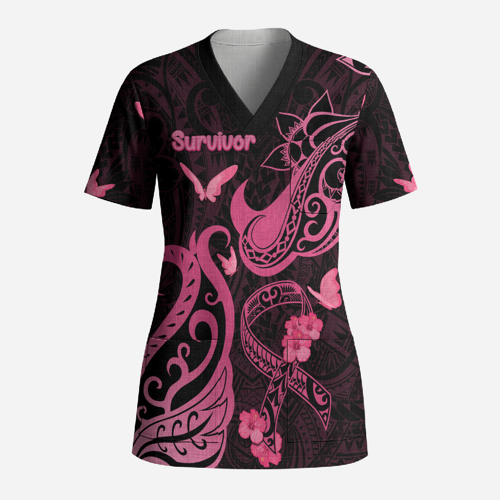 Personalized Breast Cancer Scrub Top Ribbon Polynesian Pattern Black Version