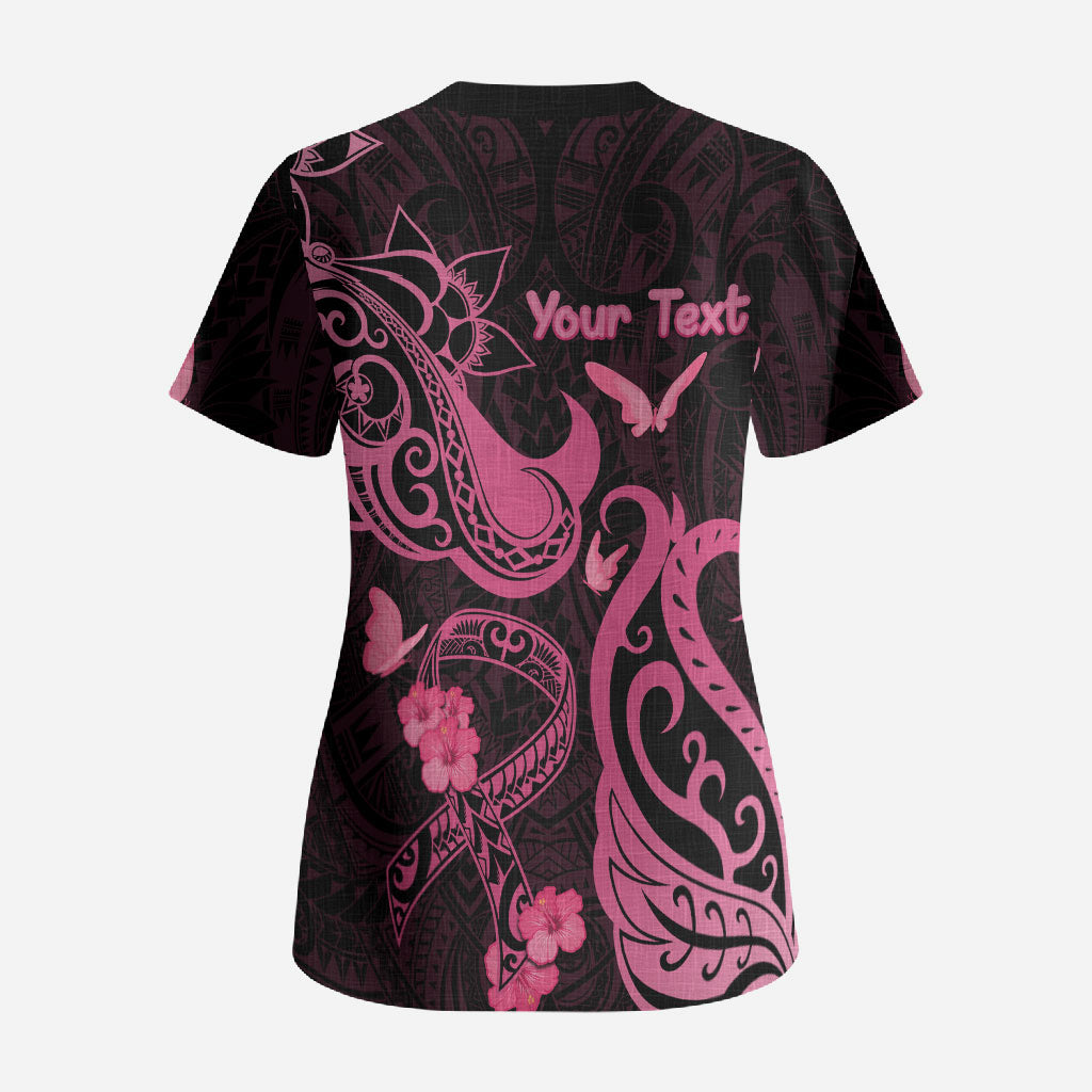 Personalized Breast Cancer Scrub Top Ribbon Polynesian Pattern Black Version