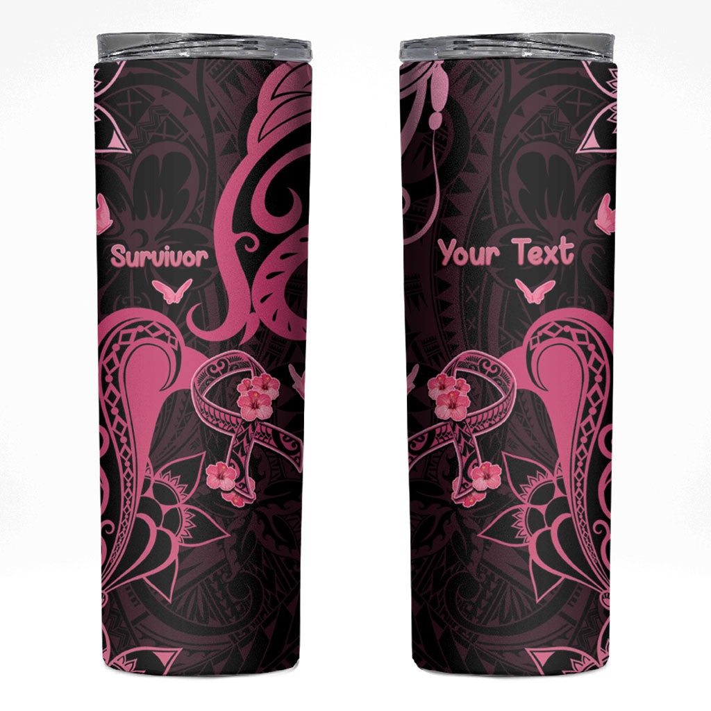 Personalized Breast Cancer Skinny Tumbler Ribbon Polynesian Pattern Black Version