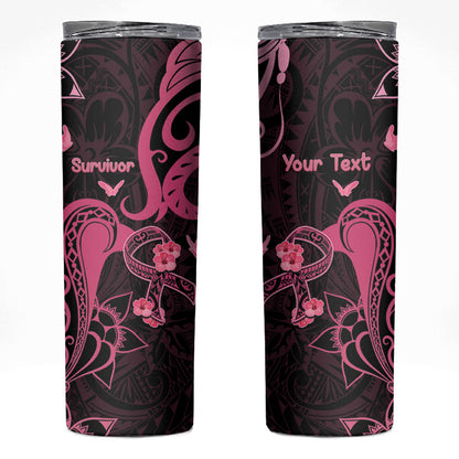 Personalized Breast Cancer Skinny Tumbler Ribbon Polynesian Pattern Black Version