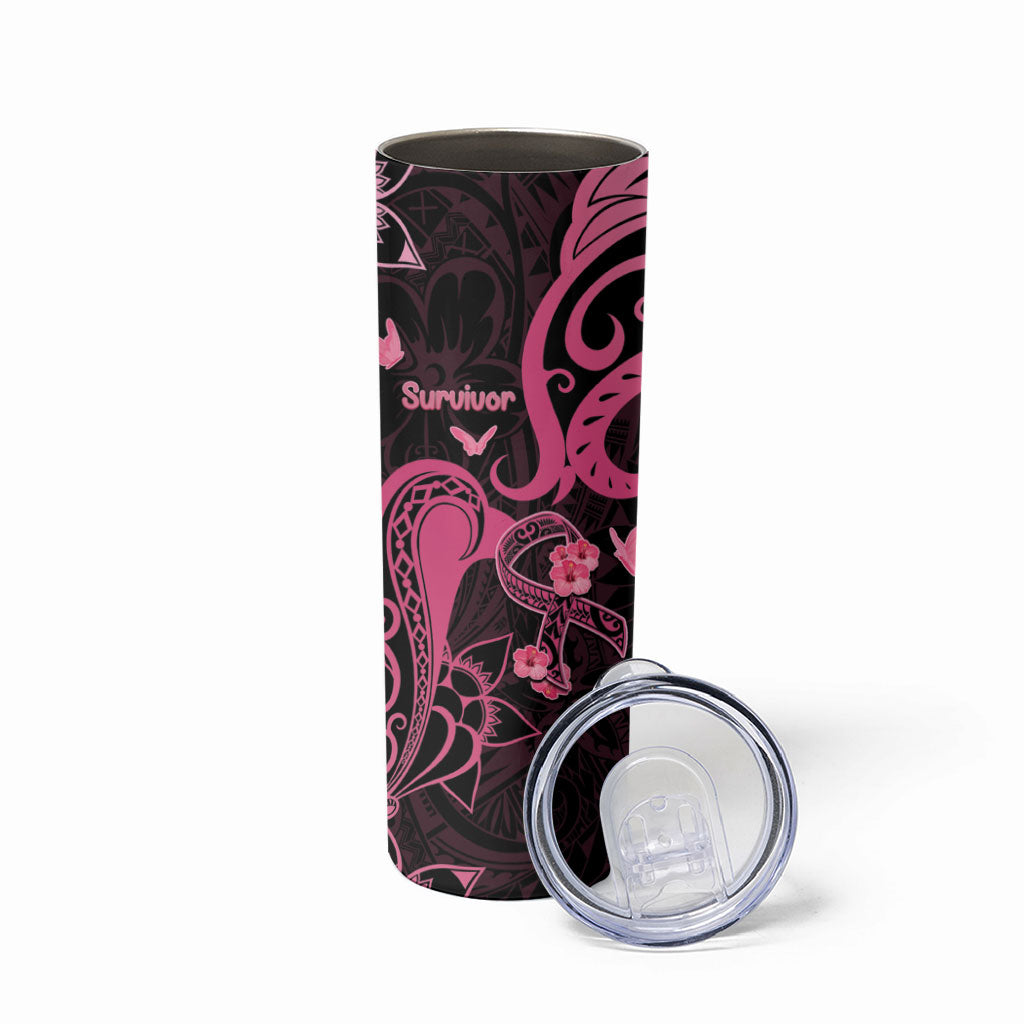 Personalized Breast Cancer Skinny Tumbler Ribbon Polynesian Pattern Black Version