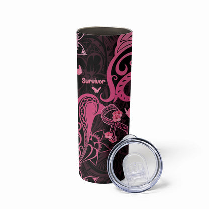 Personalized Breast Cancer Skinny Tumbler Ribbon Polynesian Pattern Black Version