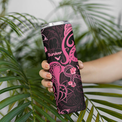 Personalized Breast Cancer Skinny Tumbler Ribbon Polynesian Pattern Black Version